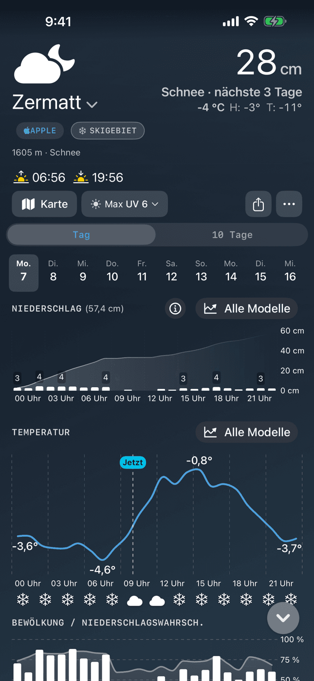 Weather Nerd in German, showing Zermatt