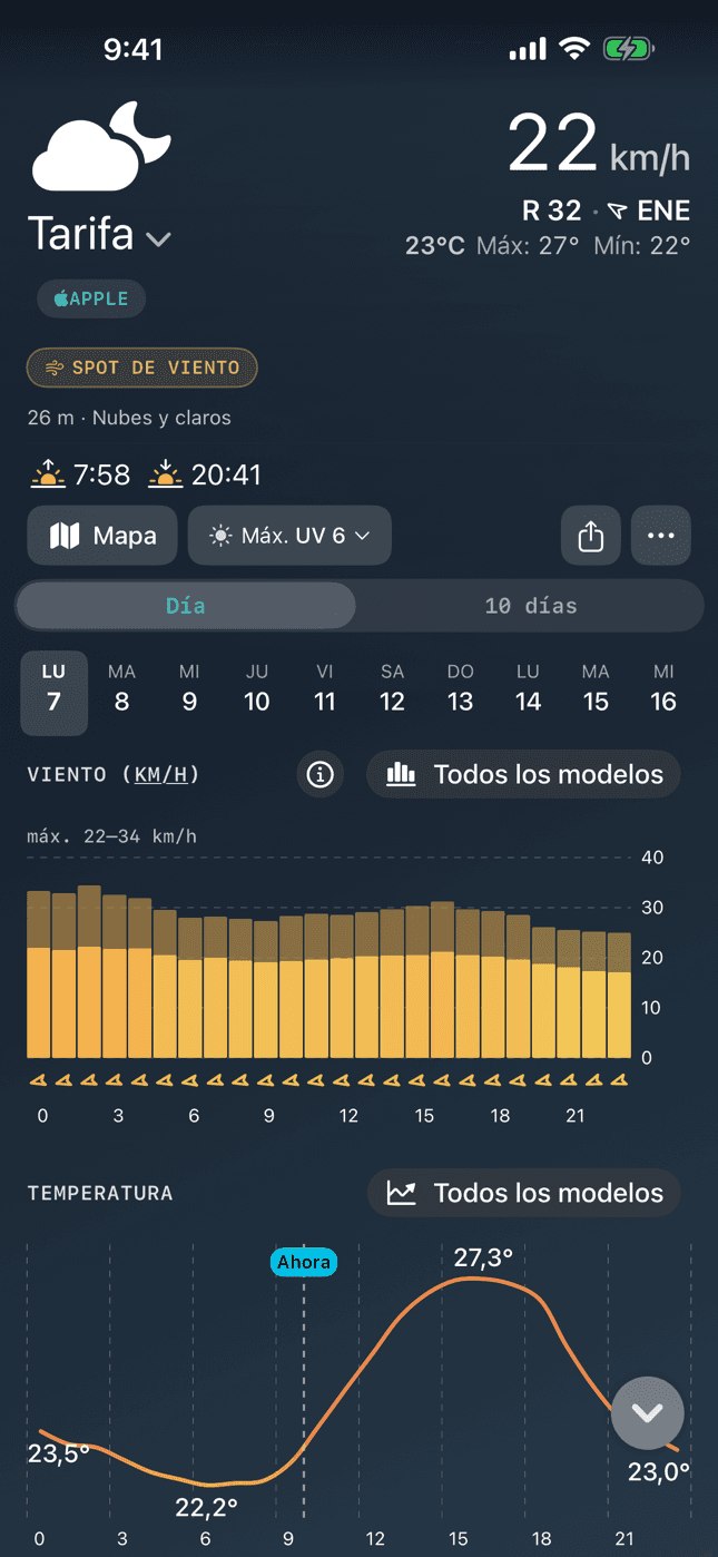 Weather Nerd in Spanish, showing Tarifa