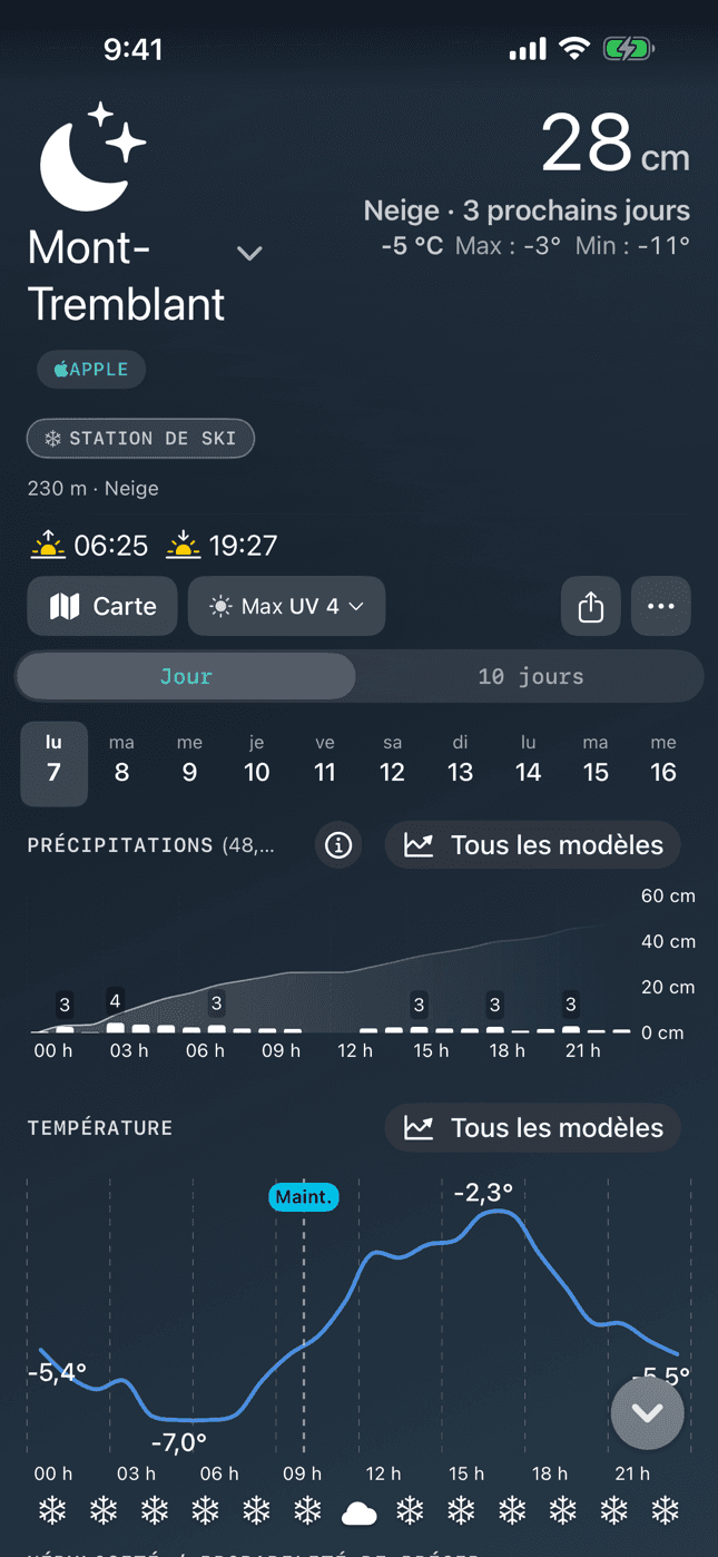 Weather Nerd in Québec French, showing Mont-Tremblant