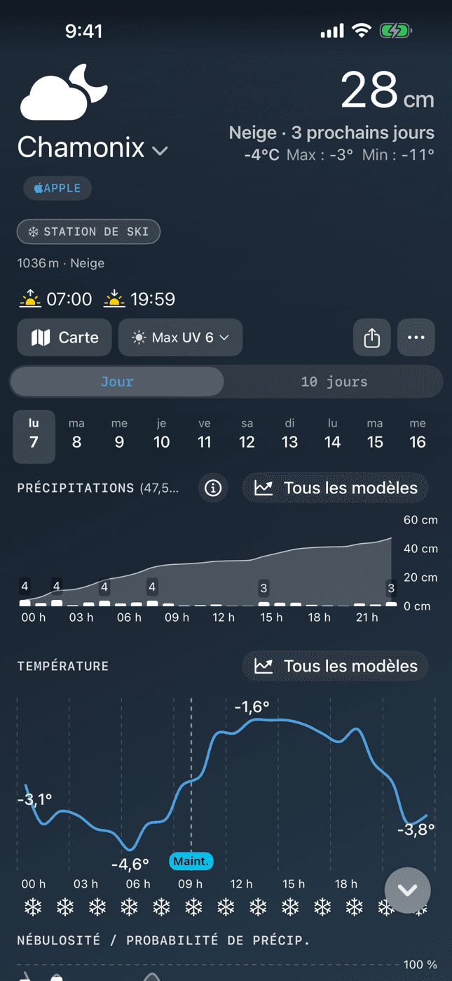 Weather Nerd in French, showing Chamonix